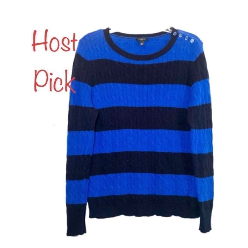 Talbots Striped Cable Knit Lambswool Blend Sweater Royal Blue/Black Women’s LP